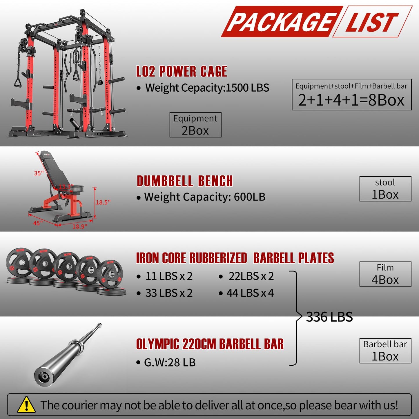 Power Rack Power Cage Multi-Function Squat Rack with Cable Crossover System Selectable More Training Attachment Power Rack for Garage & Home Gym (Red, E Set L02+Weight Bench+（Pole+Cast Iron） 336LBS)