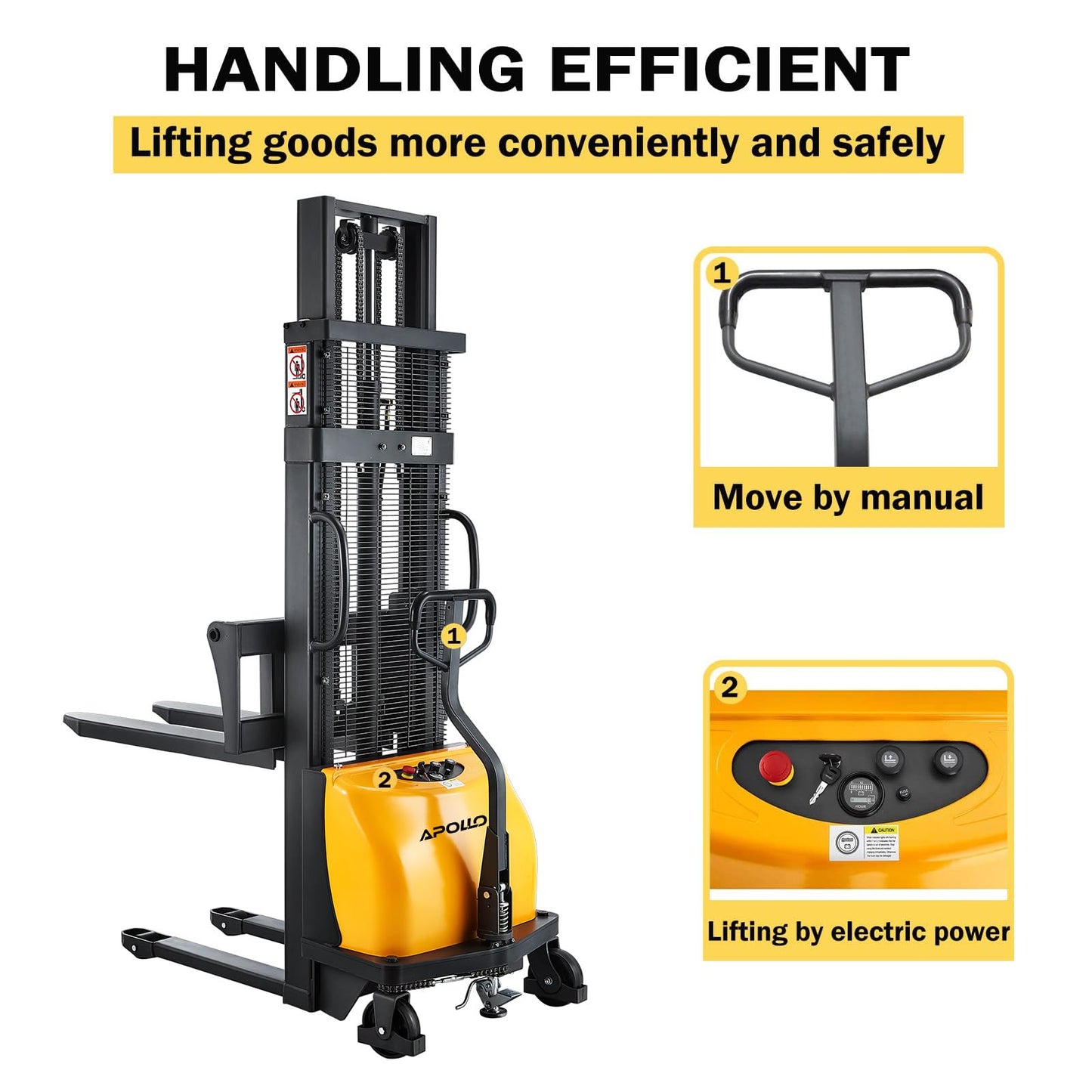 Apollolift Semi Electric Forklift Lift Pallet Stacker 2200lbs Capacity 118inch Max.Lifting Height Fixed Legs for EU Pallet
