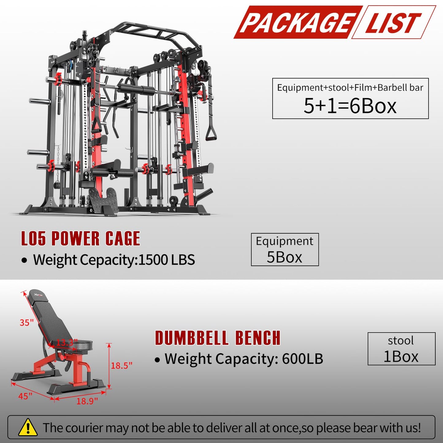 Smith Machine with Cable Crossover System, Multi-Function Squat Rack Power Cage for Home Gym, Power Rack and Packages (Red, L05-Smith Machine+Weight Bench)