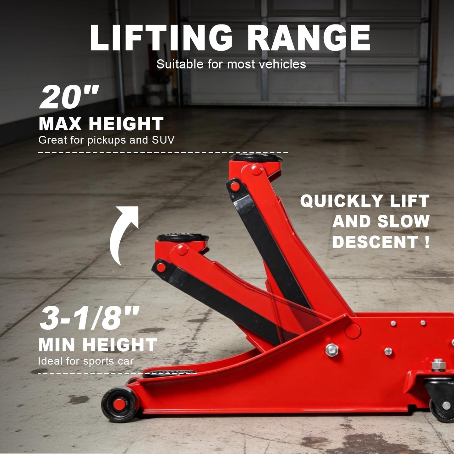 Jack Boss 3 Ton Floor Jack, 6600LBS Capacity Hydraulic Car Jack, Low Profile Portable Jack with Dual Pumps, Quickly Lift Steel Service Jack, Lifting Range 3-1/8" Min to 20" Max Red