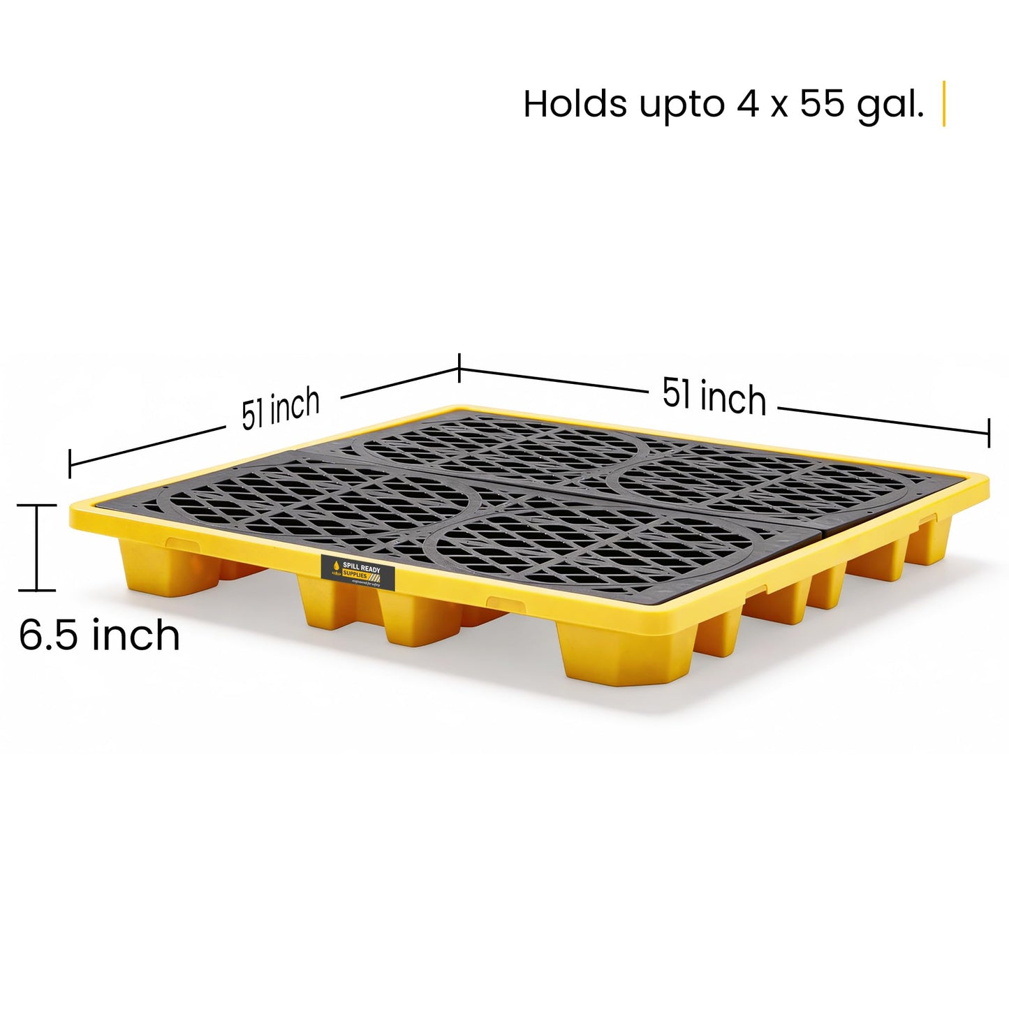 Spill Ready 4 Drum Spill Containment Pallet (4-Pack) - 52" x 52" x 7" - 28 Gallon Sump, HDPE Low-Profile Drum Spill Deck with Drain and Forklift Pockets, Yellow | 4 Drum Spill Containment Trays