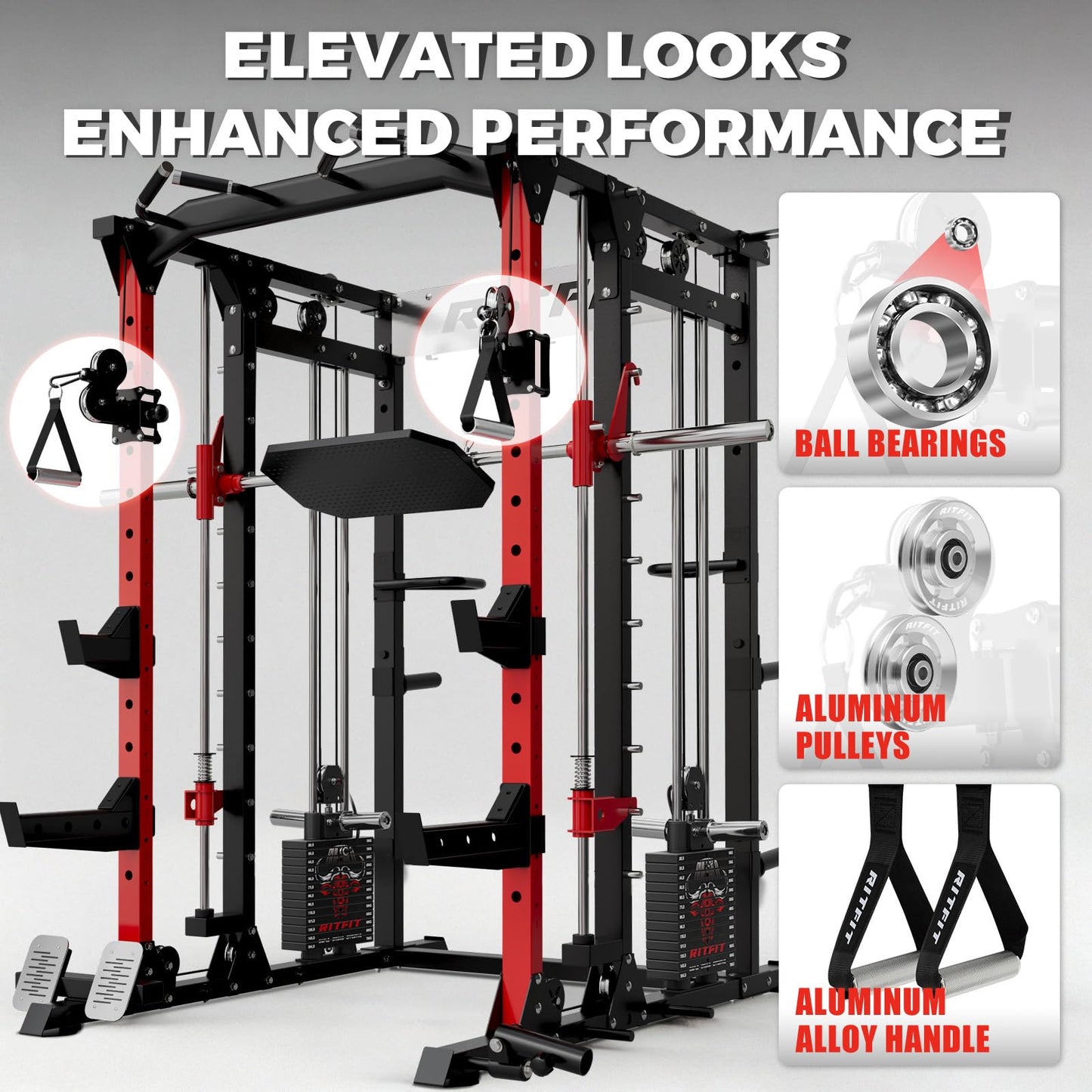 RitFit Buffalo Smith Machine Package, All-in-One Power Cage with Weight Stack , Power Rack with Cable Crossover & Leg Press Attachment for Home Gym(RED,CP260)
