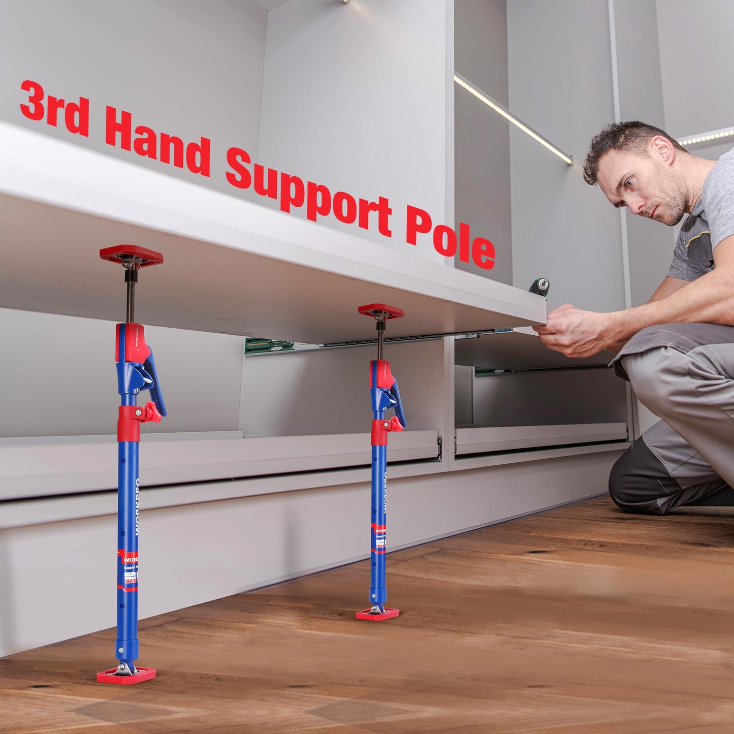 WORKPRO Cabinet Jack Support Pole, 23-5/8" to 45-1/4" Steel Telescopic Quick Support Rod Adjustable 3rd Hand Support System with 154 lbs Capacity for Cabinet Jack, Drywall Jack& Cargo Bars, 2-Pack