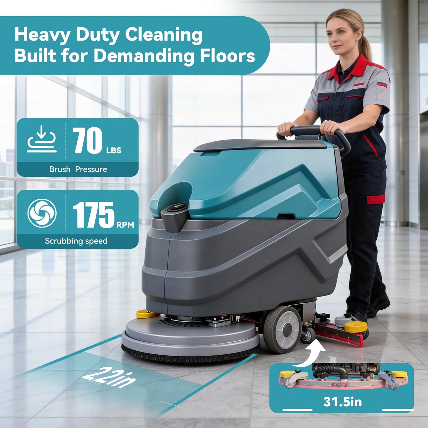 KARHDIR Walk Behind Commercial Floor Scrubber Machine, 22" Rotary Disc Brush, 31.5" Squeegee Width, 18.5-gal Sewage Tank, 15.9-Clear Water Tank,32000 sqft/h, High Efficiency for Large Areas