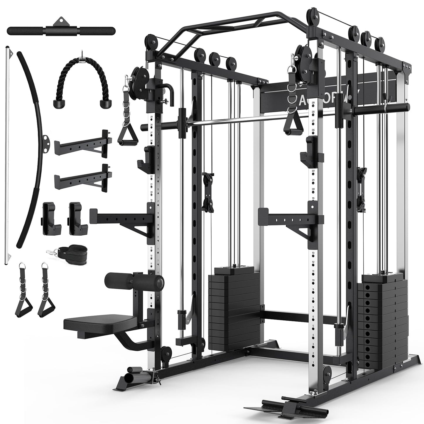 AOTORJAY Smith Machine Strength Training Squat Rack with Smith Bar, Power Cage with LAT Pull-Down Systems, Cable Crossover Machine for Home Gym (Smith Machine with 352lbs Weight Stack)