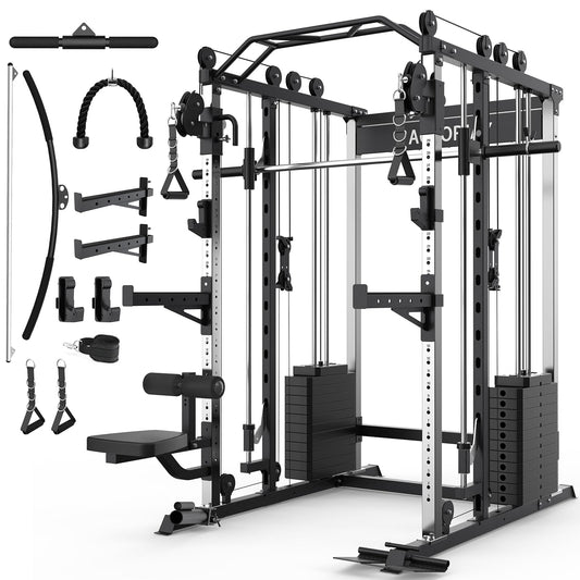 AOTORJAY Smith Machine Strength Training Squat Rack with Smith Bar, Power Cage with LAT Pull-Down Systems, Cable Crossover Machine for Home Gym (Smith Machine with 352lbs Weight Stack)