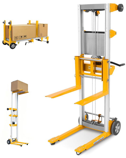 ELOMBR 122" Material Lift Winch Stacker, 400 lbs Capacity Manual Material Lifts, Fixed Straddle Material Lifter, Hand Winch Lift Trucks for Warehouse, Factory, Lightweight, 34.60"L x 24.80"W, Yellow