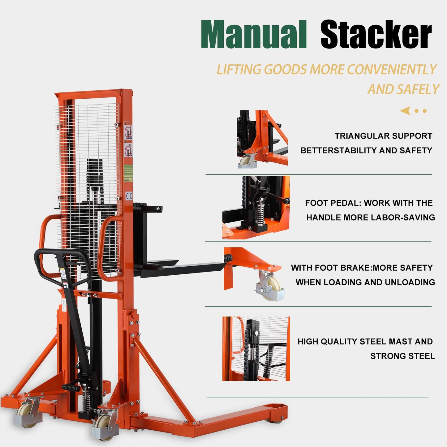Tory Carrier Manual Pallet Stacker 1100lbs Capacity 63" Lift Height Material Lift Truck, Hand Forklift Truck with Straddle Legs & Adjustable Forks