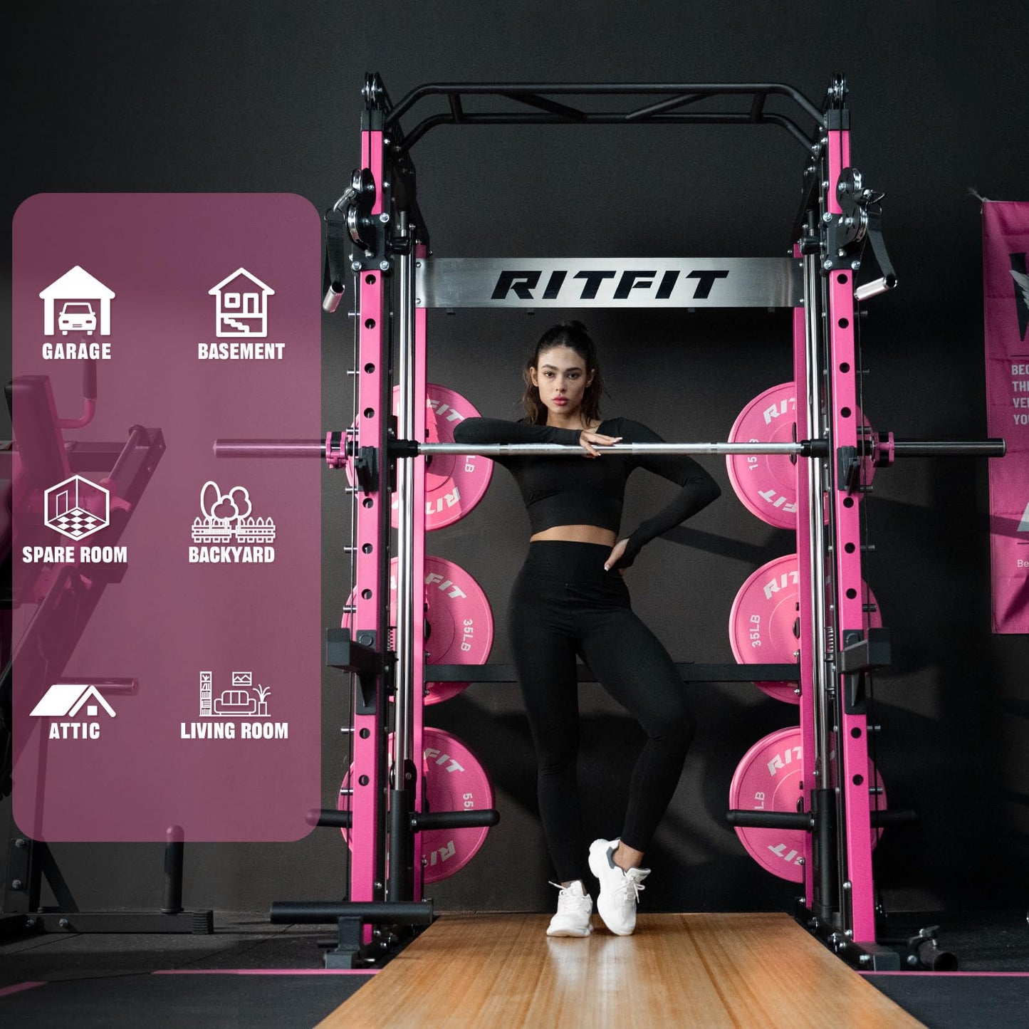 RitFit M1 & M1 Pro Smith Machine with Cable Crossover System, Multi-Function Squat Rack Power Cage for Home Gym, Power Rack and Packages Pink