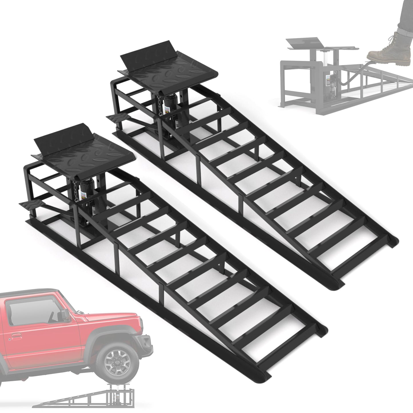 LOCKIETTA 2 PCS Hydraulic Car Ramps with Foot Pedal, 11065LBS 5T Heavy Duty Car Ramp with Hydraulic Jack, Portable Car Lifts for Oil Changes for Home Garage, High Lift 9"-14.4" Lifts, Black