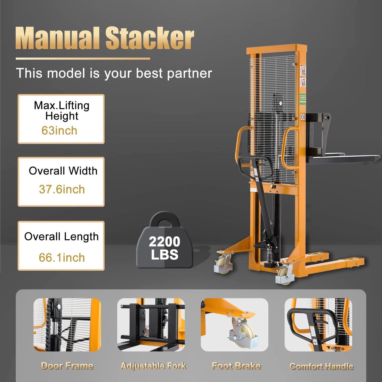 Aequanta Manual Pallet Fixed Leg Stacker Material Lifter Fix Legs Forklift 2200lbs Capacity 63" Lifting Height