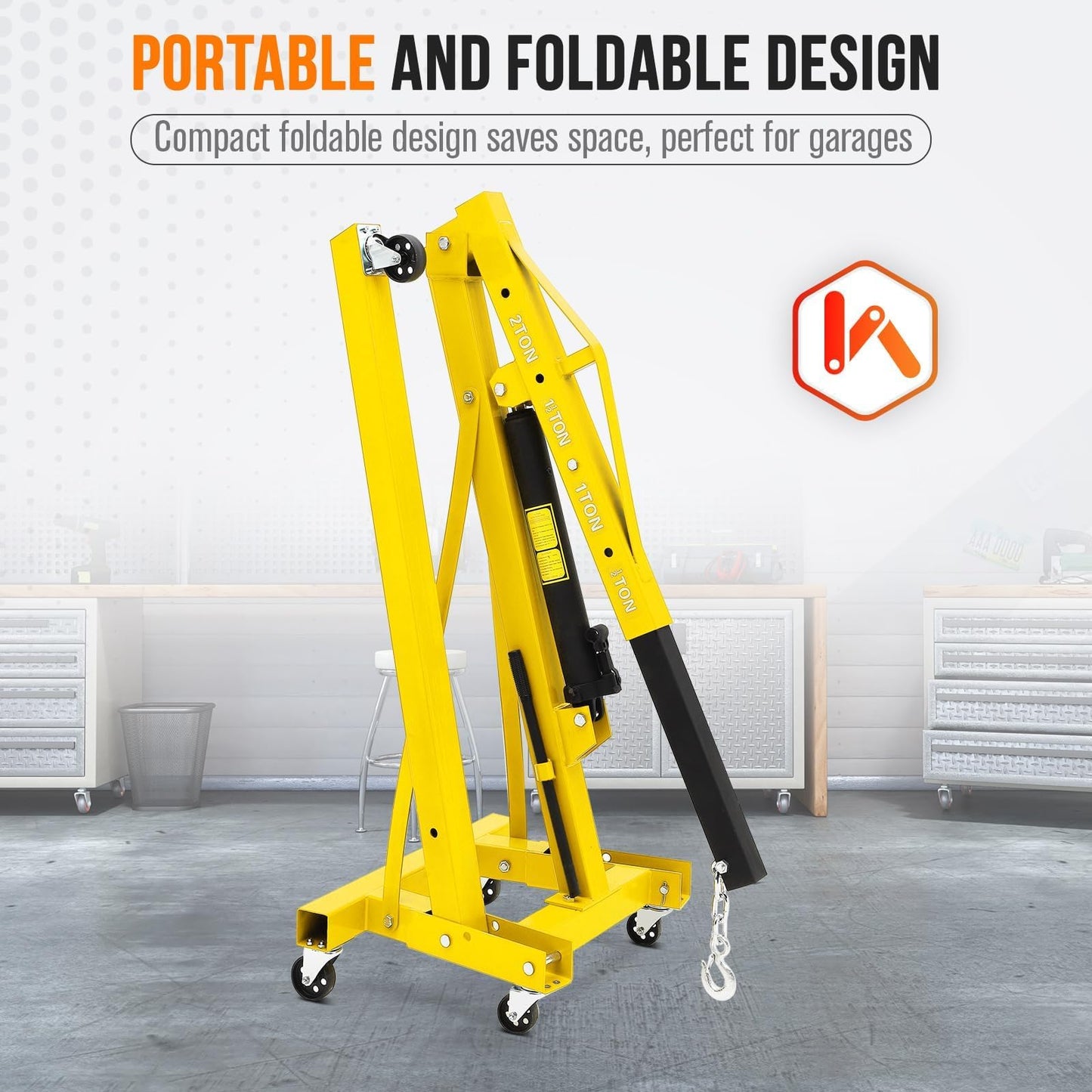 Hydraulic Engine Hoist, 2-Ton Folding Portable Shop Crane Lift, 4400 Lbs Capacity with Telescopic Boom and 6 Casters, Foldable Mobile Cherry Picker for Garage Workshop Warehouse, Yellow, Heavy-Duty