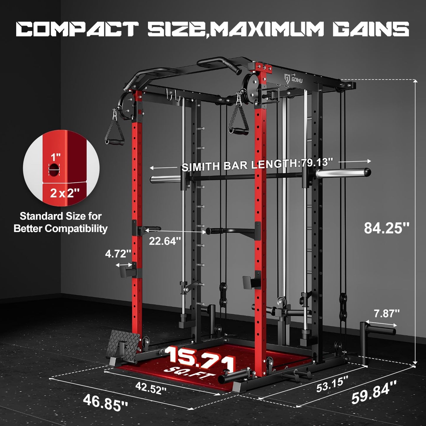 Goimu S1-V4 Smith Machine, 2000LBS Power Cage with Cable Crossover System, All-in-One Squat Rack with Smith Bar, Workout Cage Strength Training Equipment with Attachments (210LB RD Smith Machine)