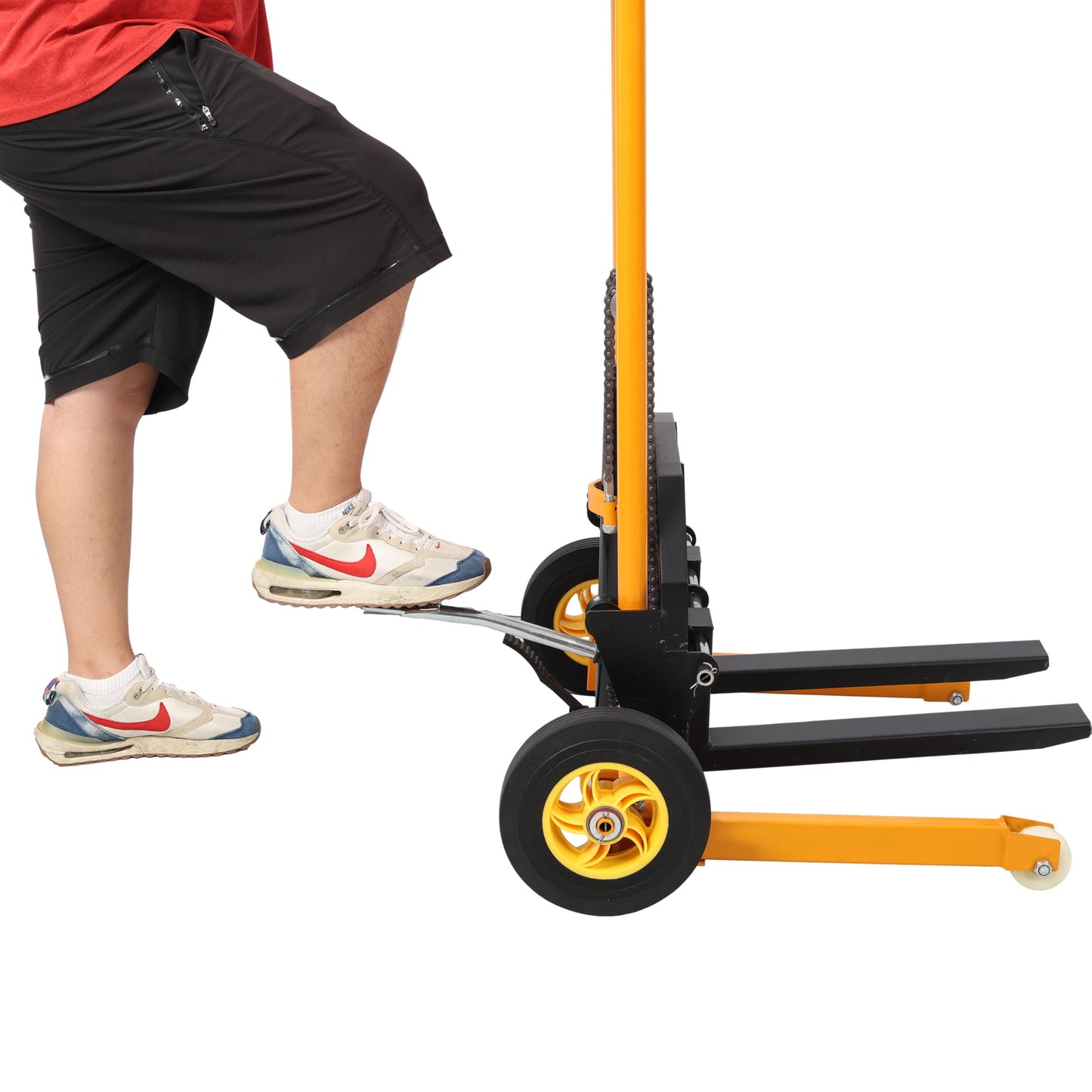 440lbs Material Lift Stacker, Hydraulic Fork Lift, Max Lift Manual Forklift Pallet Lift Dolly, 35.5" Manual Pallet Stacker for Supermarket, Warehouse, and Household, Yellow
