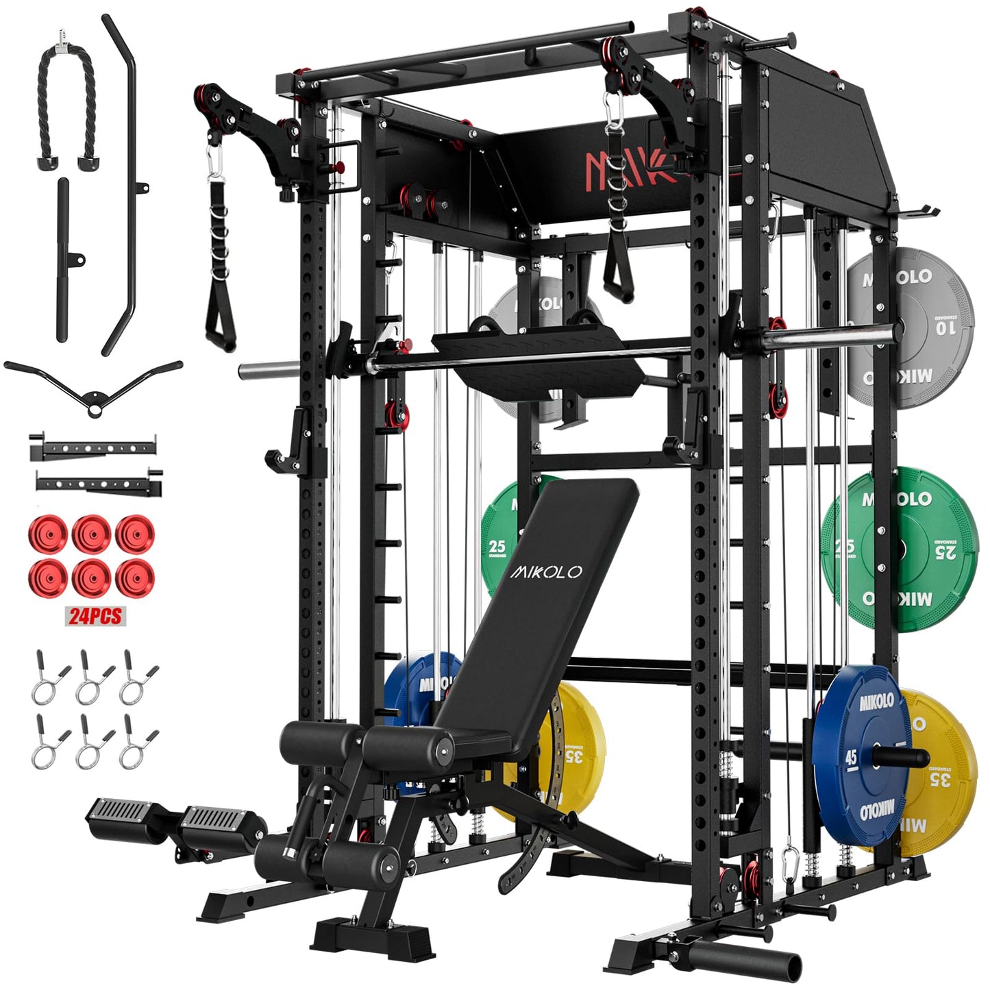 Mikolo Smith Machine, Multi-Function Power Cage with Dual Pulley System, Vertical Leg Press Attachment, Squat Rack Power Rack with More Training Attachment for Home Gym (M7230CPHGPB)