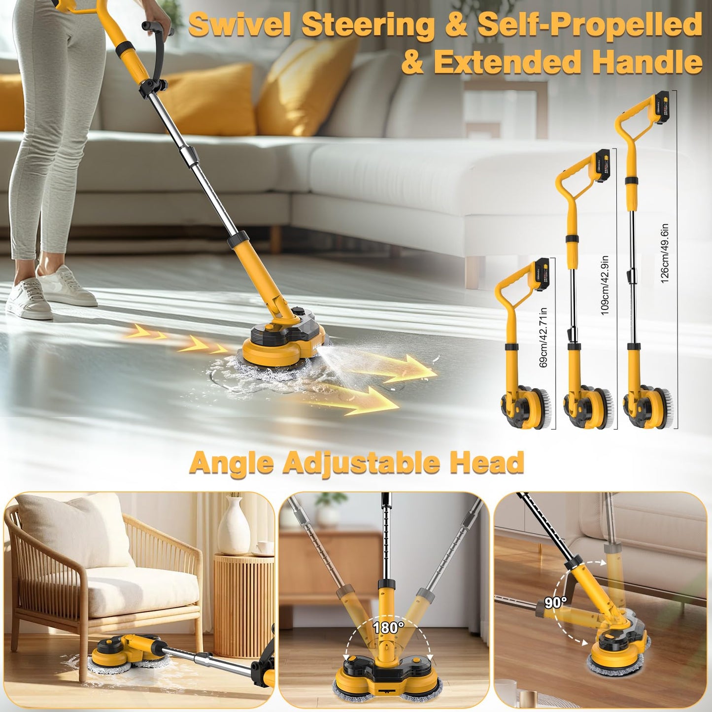 Cordless Electric Mop for Dewalt 20V Battery (NO Battery), 2 in 1 Spin Mop & Floor Scrubber Machine with LED Light & Water Spray 800 RPM for Floor Cleaning, Hardwood,Tile