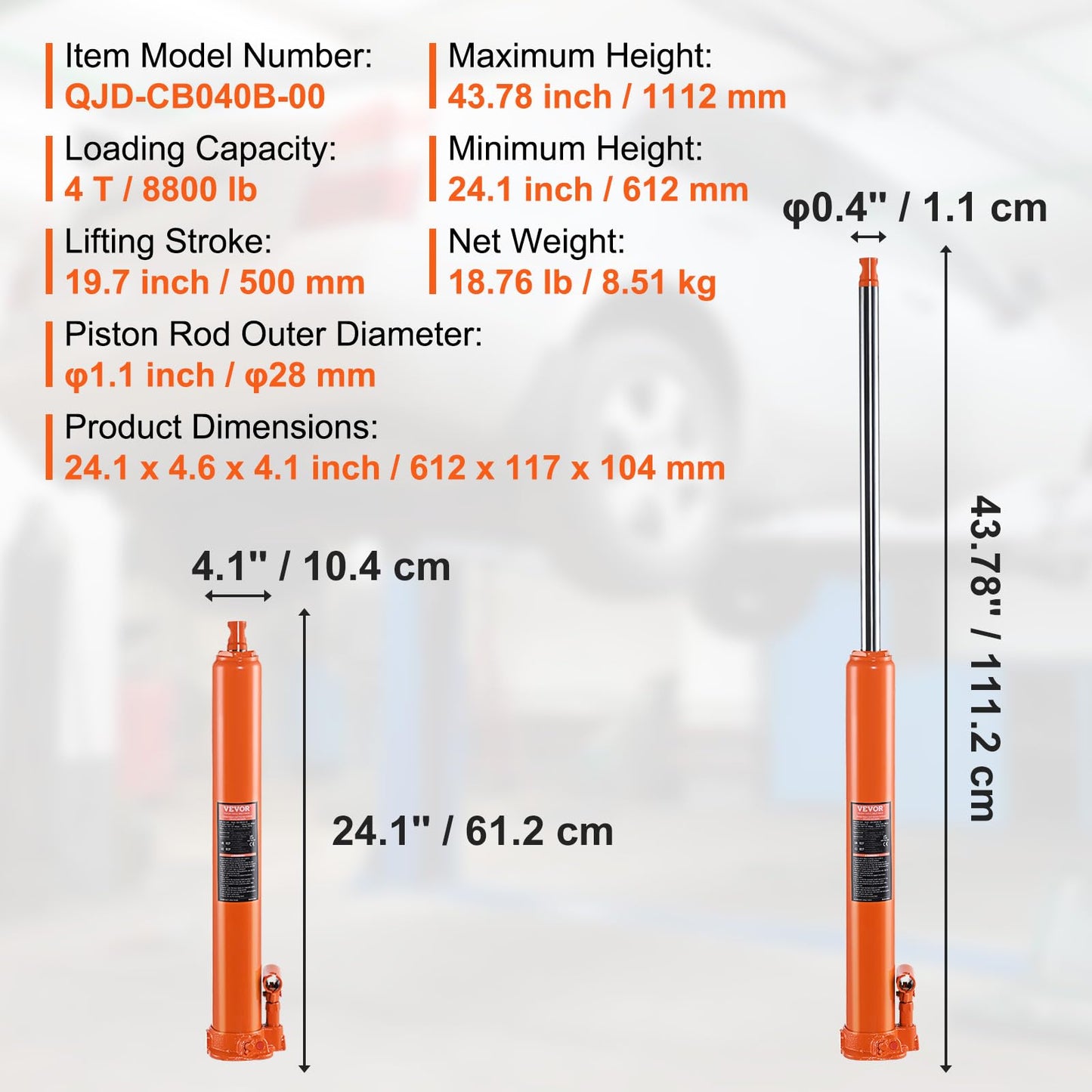 VEVOR Hydraulic Long Ram Jack, 4 Ton Engine Hoist Cylinder with Single Piston Pump and Flat Base, Hydraulic Ram Cylinder for Engine Lift Hoists, Hydraulic Garage/Shop Cranes, Mechanical, Farm