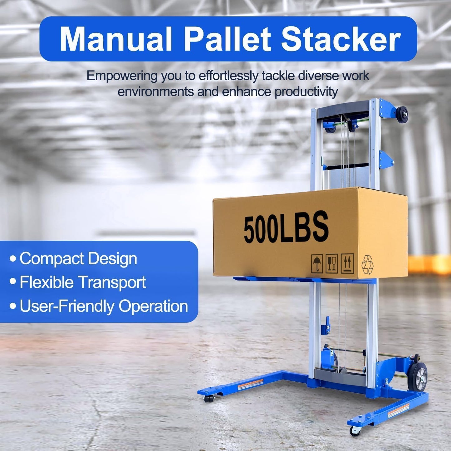 ELOMBR Material Lift Winch Stacker, 1.97"-70" Height Range, 500 lbs Capacity, 42.90"L x 43.30"W, Adjustable Straddle Hand Winch Lift Trucks for Warehouse, Factory