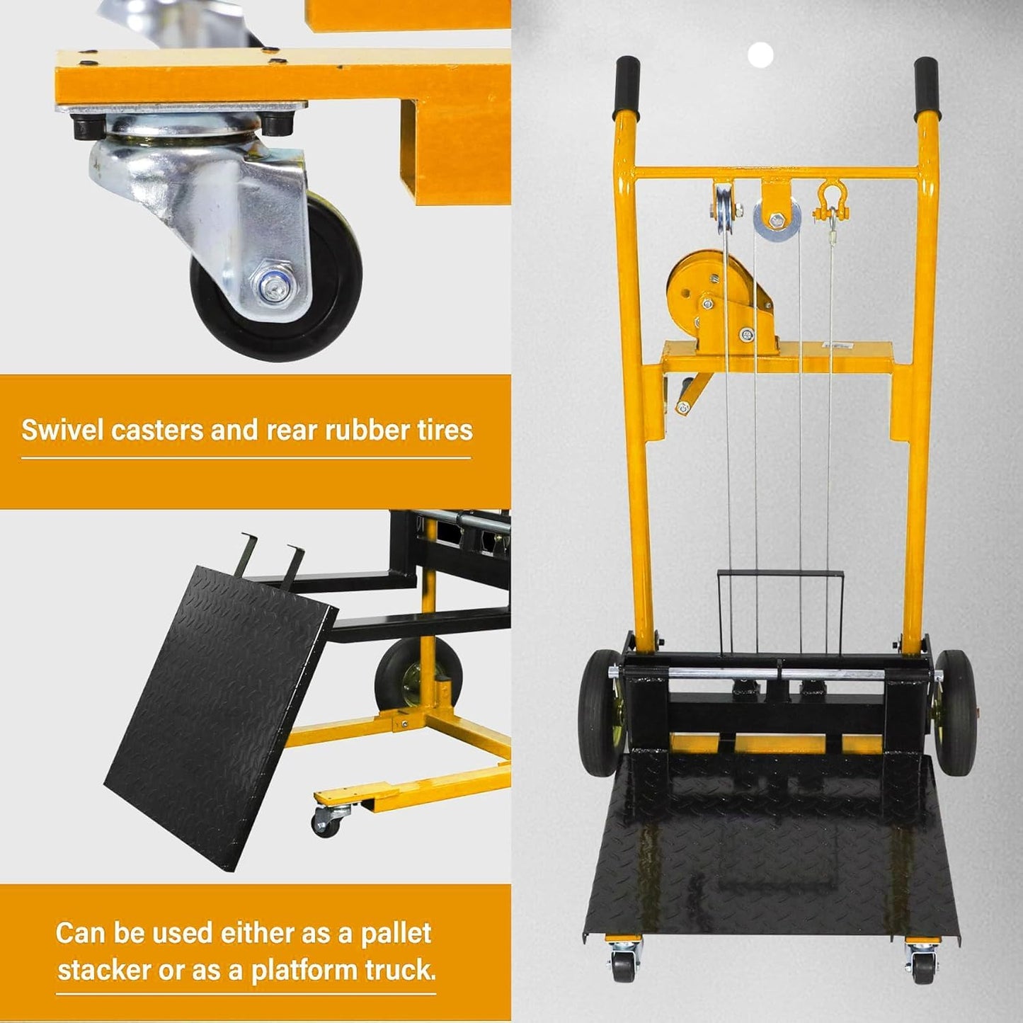 Apollo Material Lift Winch Stacker, Manual Pallet Truck Dolly 440 lbs Capacity, 35.4" Max Lift Swivel Casters Lift Table, Fork Lift with Steel Platform-Yellow