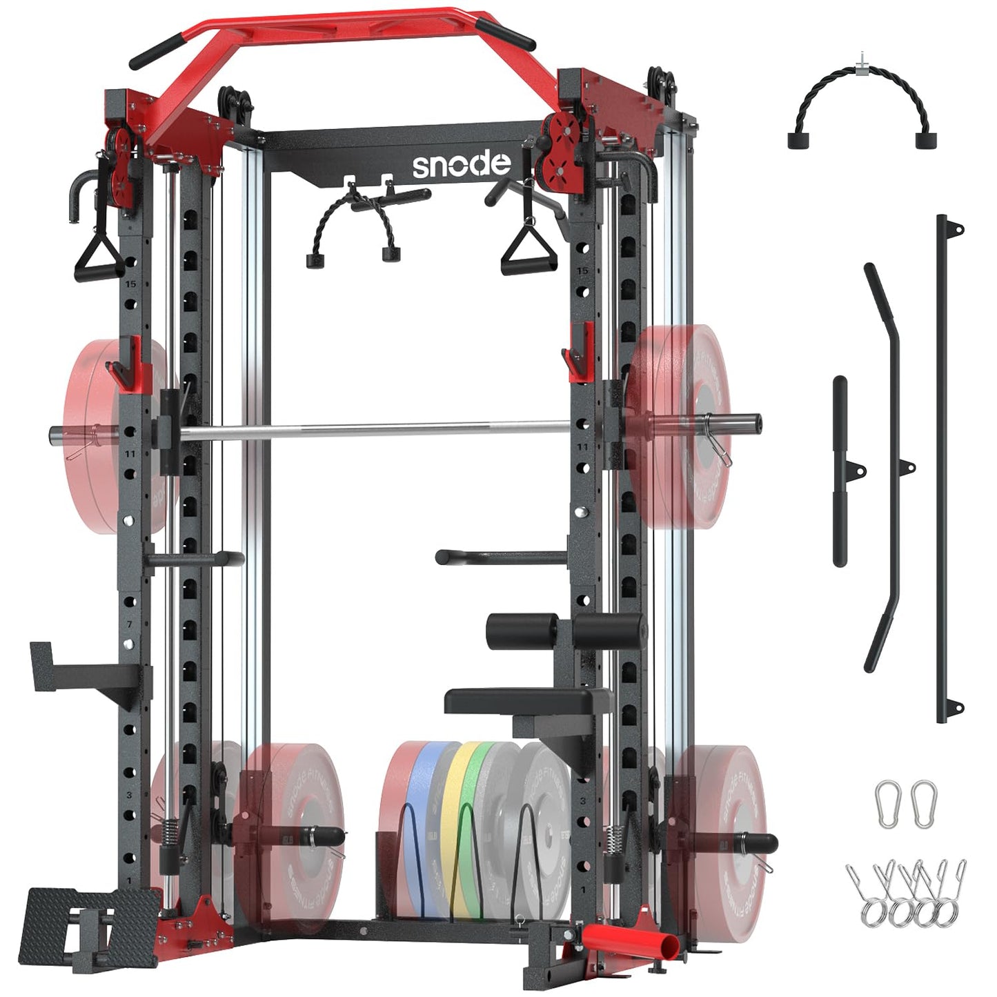 SNODE Smith Machine for Home Gym, Power Rack with Cable Crossover, Squat Rack with Advanced LAT Pull-Down, 2000LB Weight Capacity (BK ALL10 Machine)