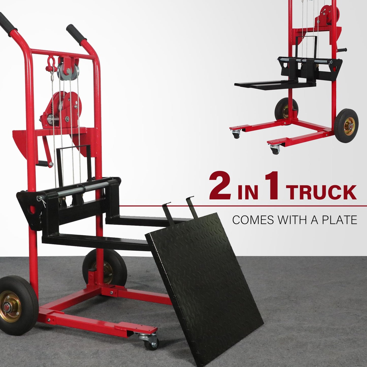Material Lift Winch Stacker, 440 lbs Capacity Table Cart, 35.4" Lifting Height Manual Forklift Stacker, Pallet Jack Truck Dolly with Swivel Casters and Lift Plate (Red)