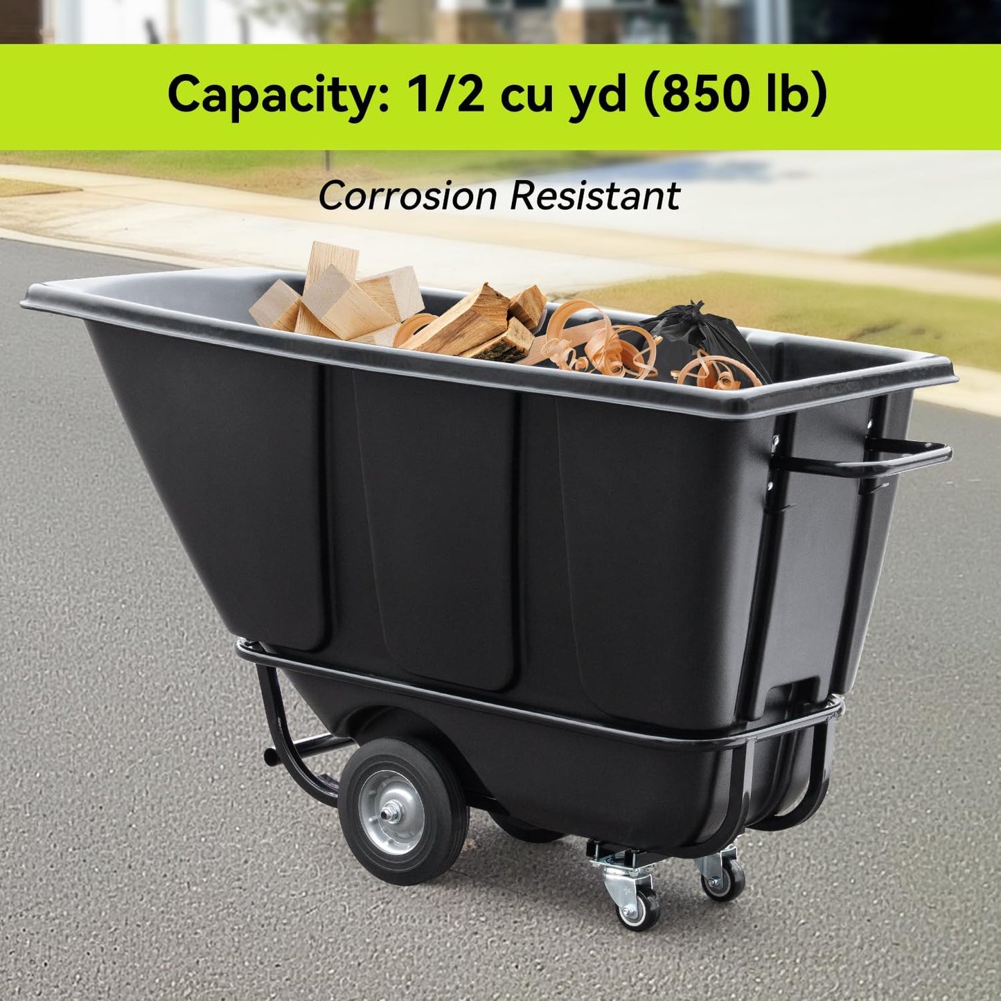 Fworkleft Tilt Dump Truck 850 lbs Capacity, 1/2 Cu.Yd Heavy Duty Trash Cart with Wheels, Forklift-Able Frame, Plastic Utility Dump Cart for Construction, Warehouse & Industrial Use (4-Pack)