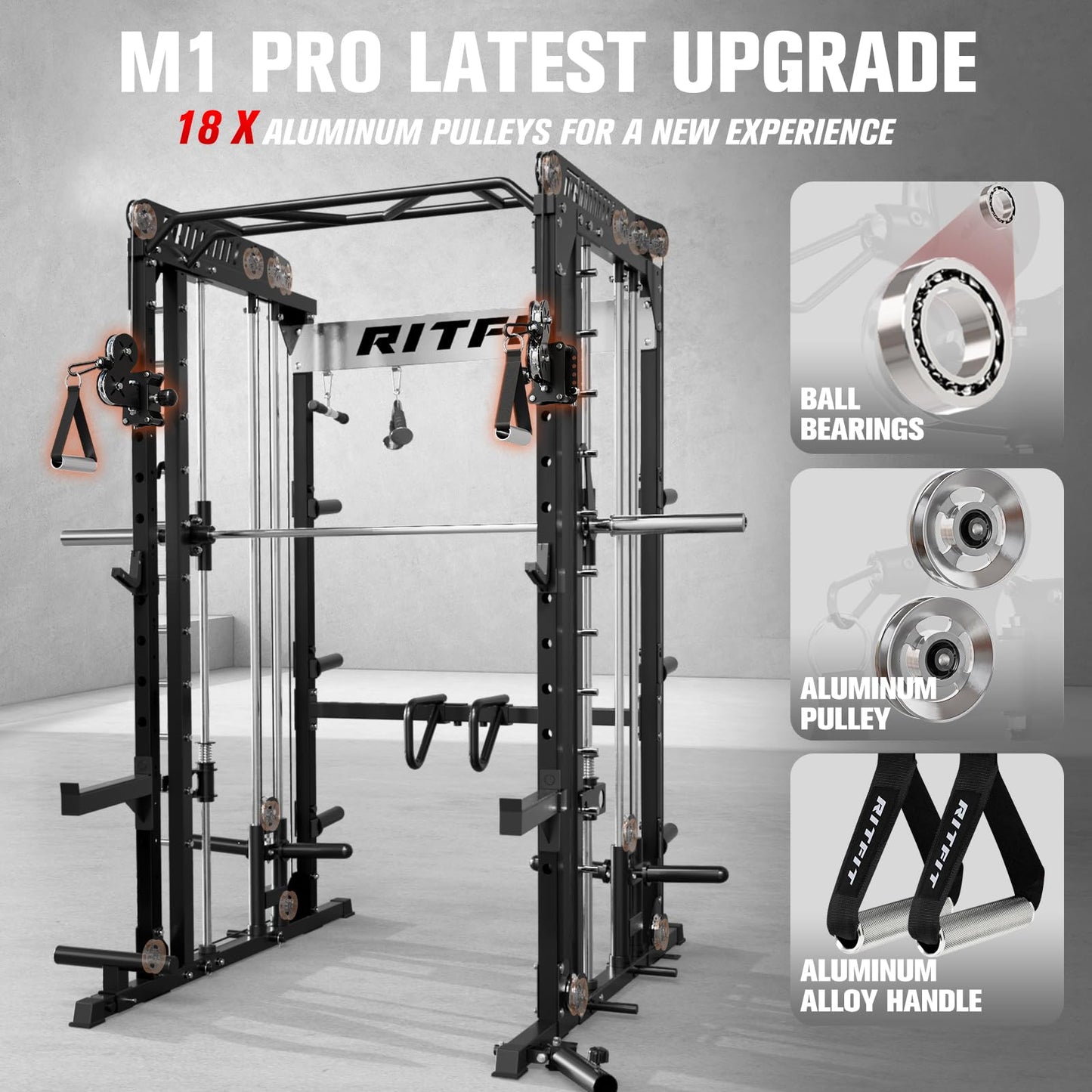 RitFit M1 Pro SmithMachine with Cable Crossover System, Multi-Function Squat Rack Power Cage for Home Gym, Power Rack and Packages Black（bp370 Package）
