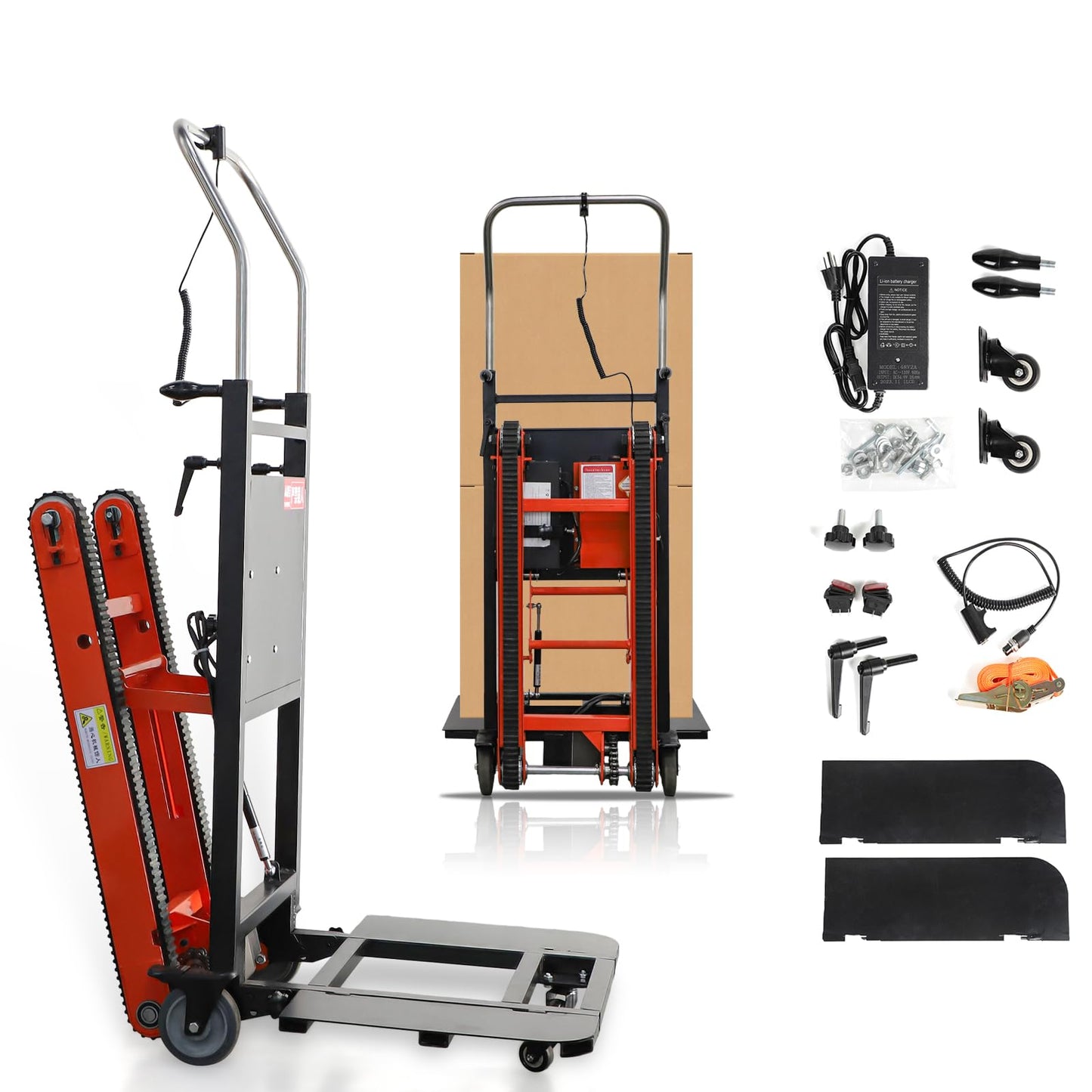 CAMINI 880lb Electric Stair Climbing Hand Trucks Dolly Cart for Moving, 500W-850W Motor Power Heavy Duty Folding Stair Climber Cart Hand Trolley with Solid Wheel (Small Rubber Tracks-Orange)