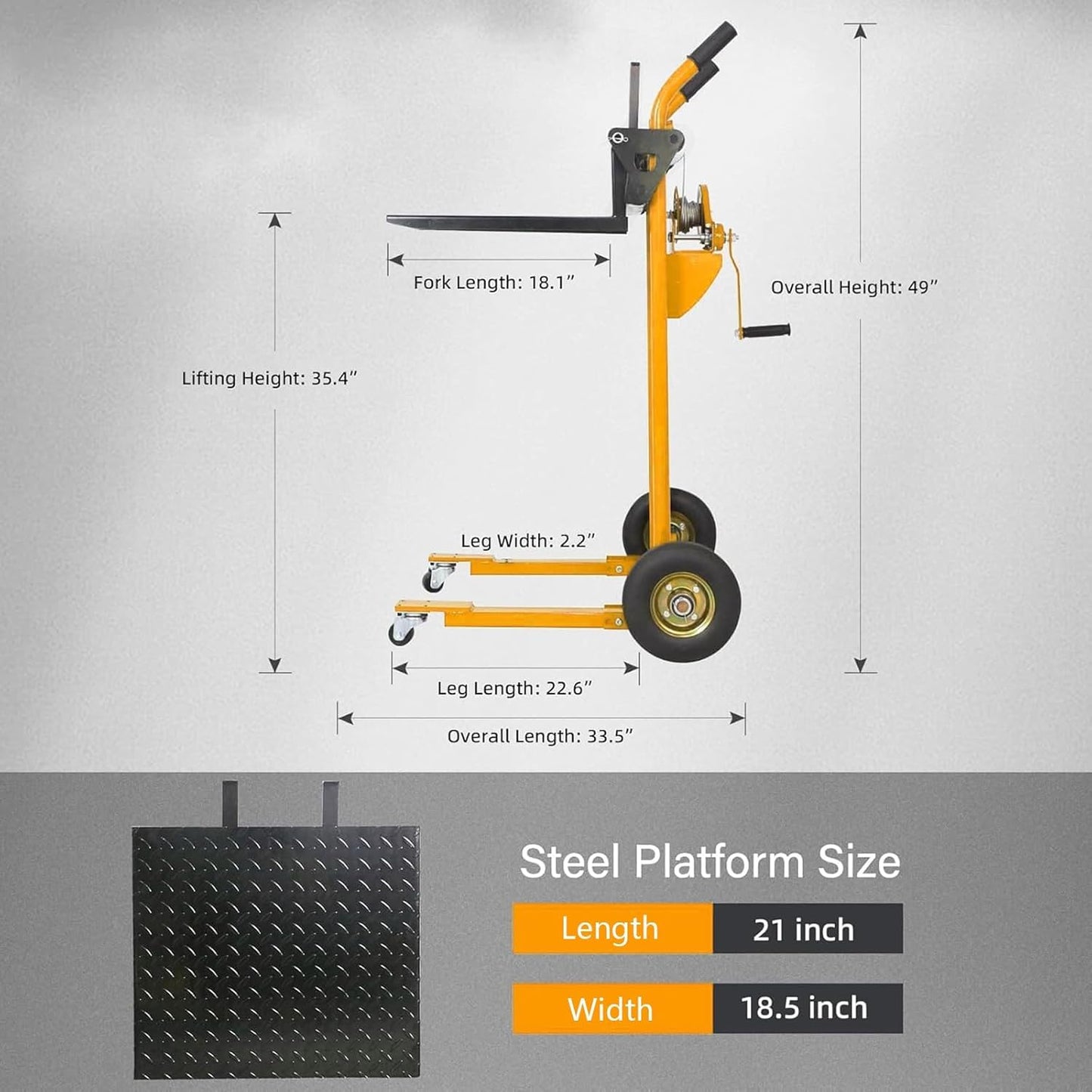 Apollo Material Lift Winch Stacker, Manual Pallet Truck Dolly 440 lbs Capacity, 35.4" Max Lift Swivel Casters Lift Table, Fork Lift with Steel Platform-Yellow