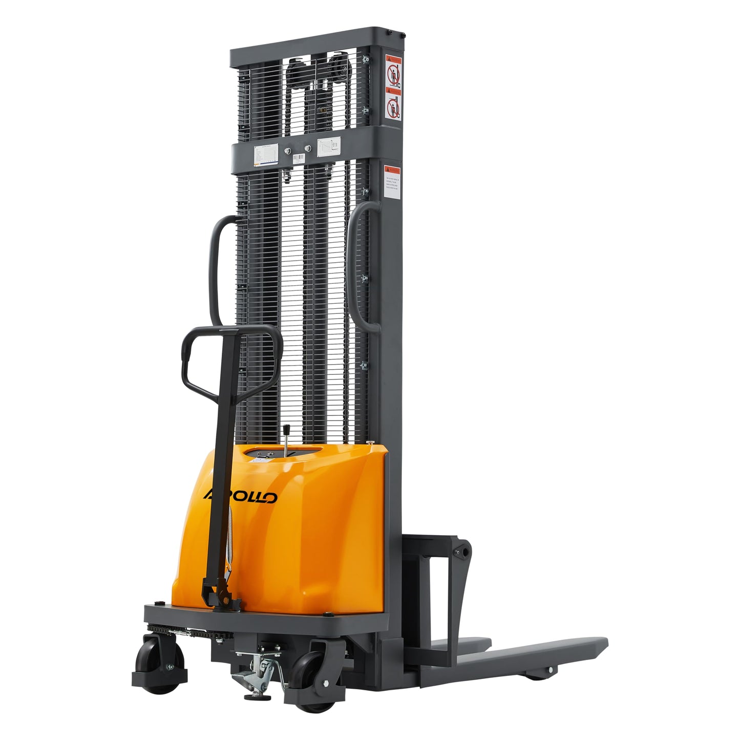 Apollo Semi-Electric Pallet Stacker - Material Lifter with Fixed Legs and Adjustable Forks, 3300lbs Capacity, 118" Lifting Height, Suitable for Open Bottom Pallets