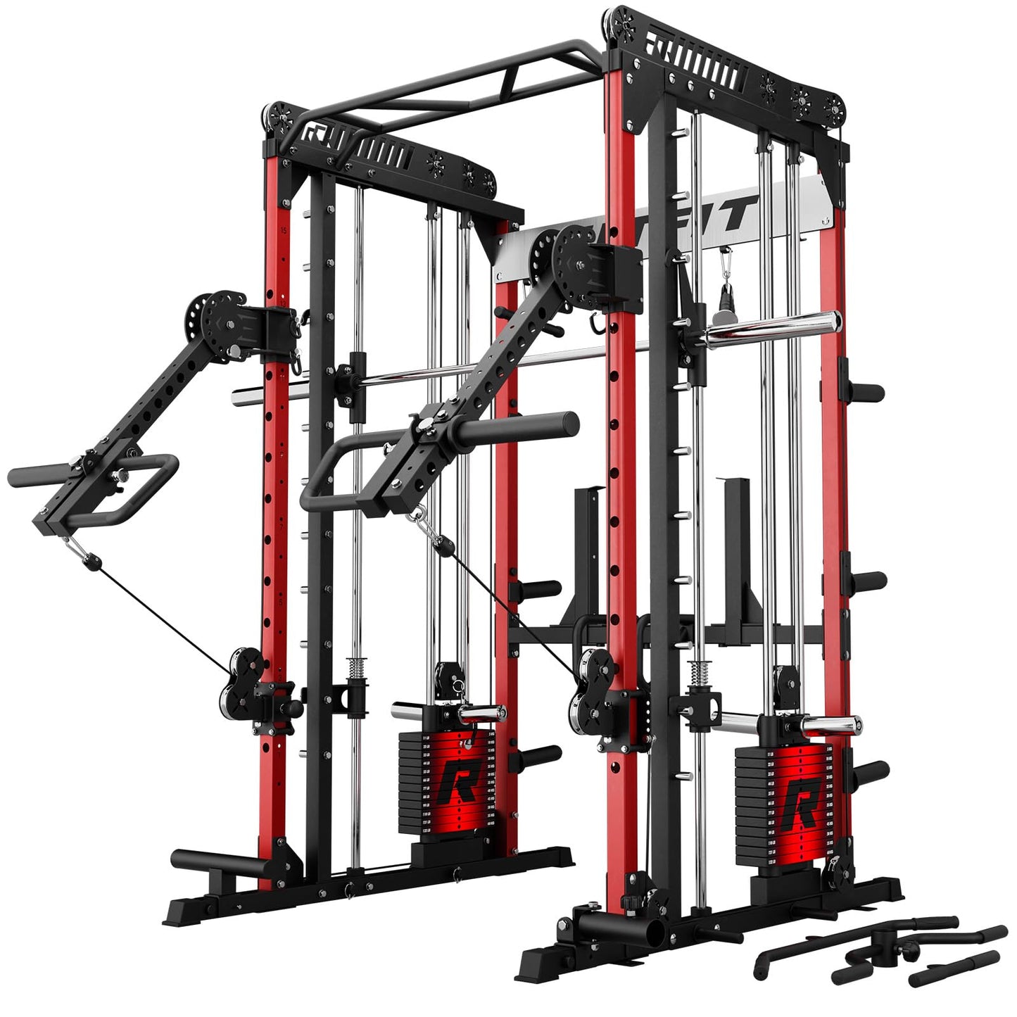 RitFit M1 Pro Smith Machine with LAM1 Adjustable Lever Arm Attachment, All-in-One Power Cage, Power Rack with LAT Pulldown & Cable Crossover System for Home Gym(Red with Weight Stack)