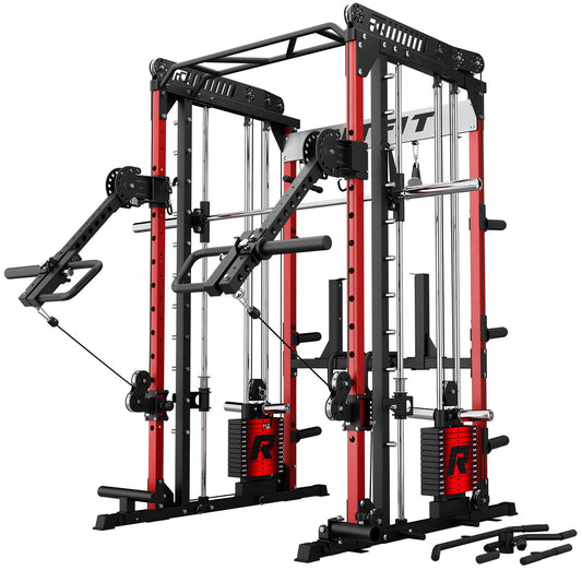 RitFit M1 Pro Smith Machine with LAM1 Adjustable Lever Arm Attachment, All-in-One Power Cage, Power Rack with LAT Pulldown & Cable Crossover System for Home Gym(Red with Weight Stack)