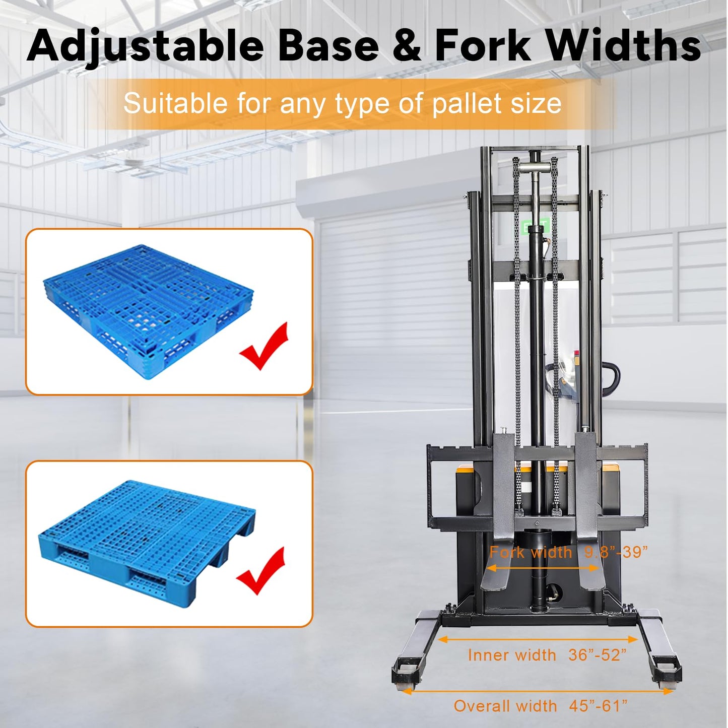 KAIXUN Full Powered Electric Walkie Stacker with Adjustable Straddle Legs – Material Handling Lift Truck 2200lbs Capacity 118'' Lifting Heights