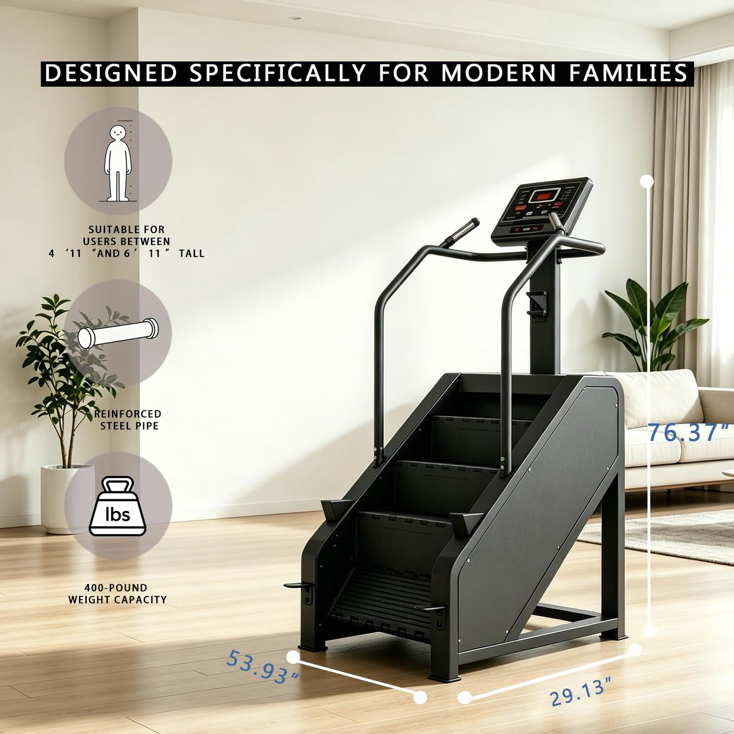 Stair Stepper Machine for Home Gym, Commercial Stair Climber with 15 Resistance Levels and 8 Preset Programs, LED Display Heart Rate Monitor, 400 lbs Capacity, 53" L x 30" W x 76" H, Gunmetal Black