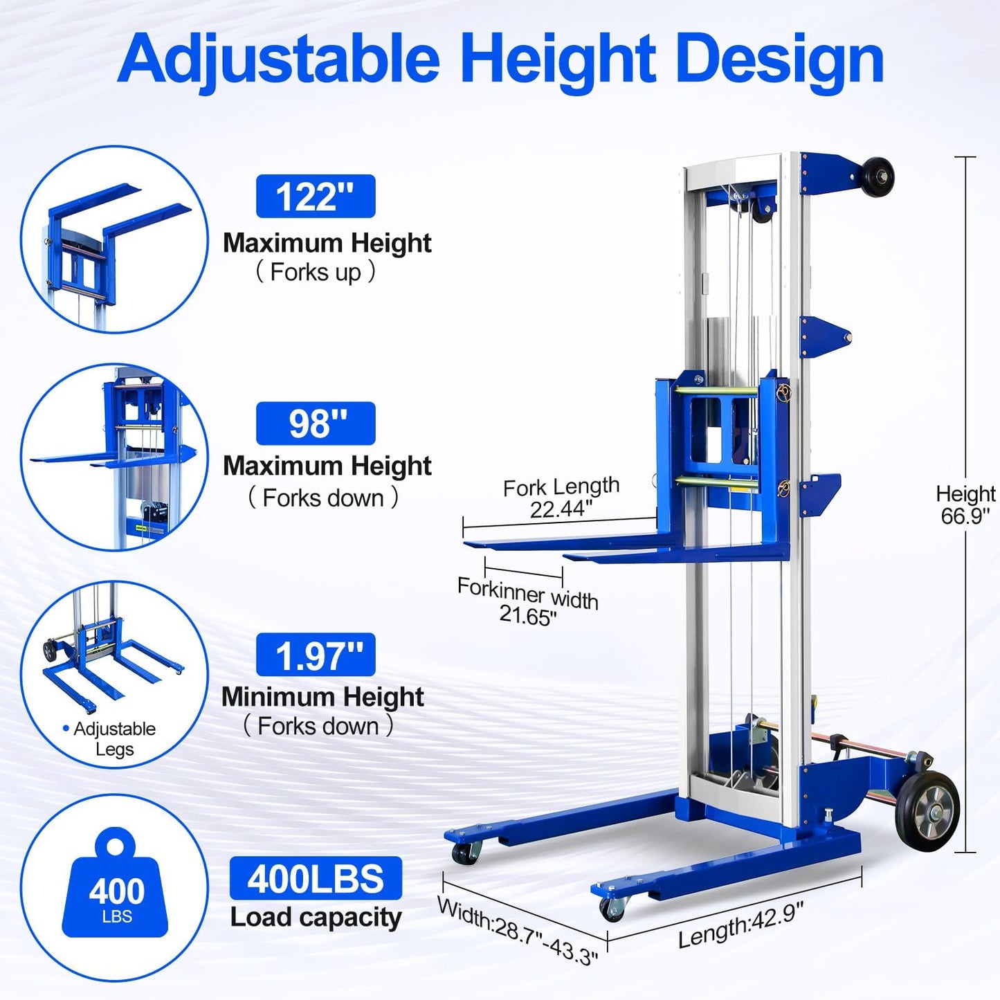 ELOMBR 2PCS Material Lift Winch Stacker, 1.97"-122" Height Range, 400 lbs Capacity, Adjustable Straddle Hand Winch Lift Trucks for Warehouse, Factory, 42.90" L x 43.30" W