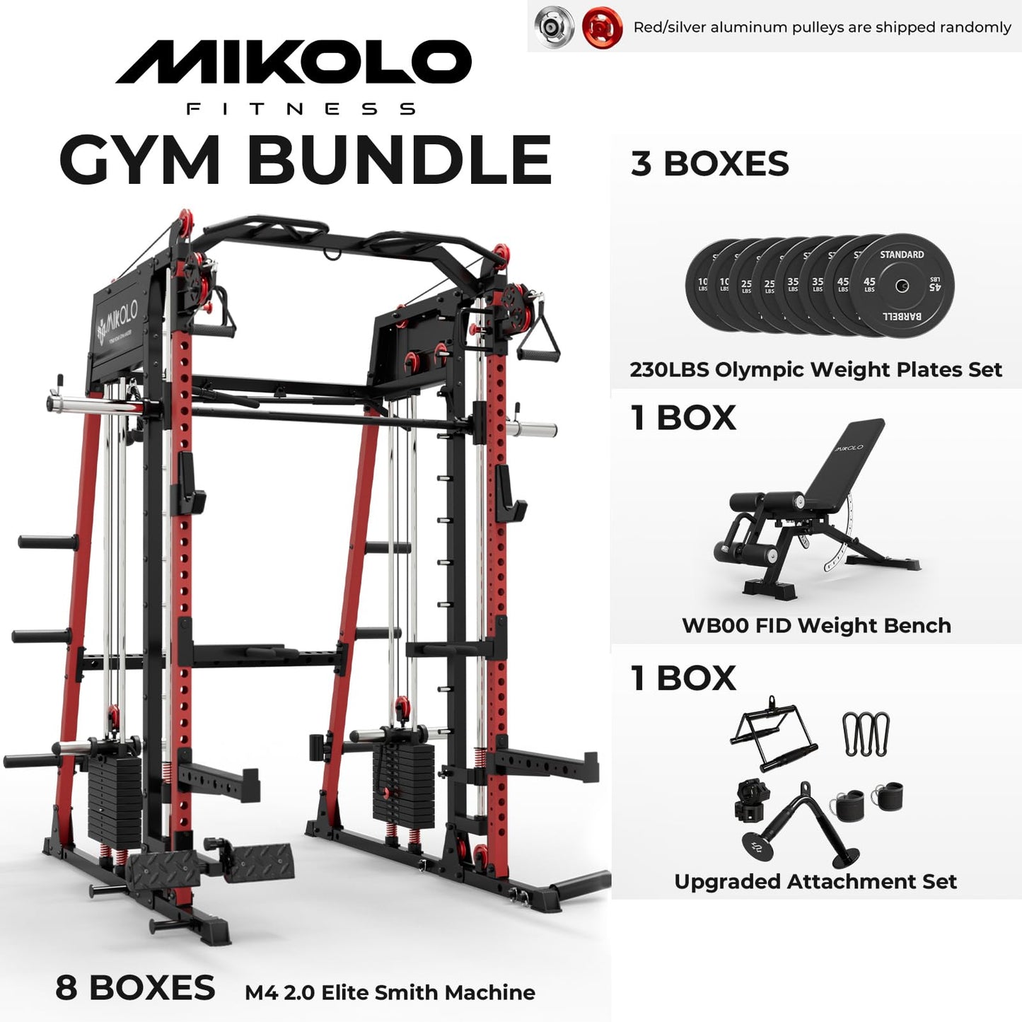 Mikolo M4 2.0 Elite Smith Machine with Weight Stack, All-in-One Home Gym Power Cage with LAT Pulldown & Cable Crossover, Squat Rack for Full Body Workouts (Red with 230LB Black Weights Package)