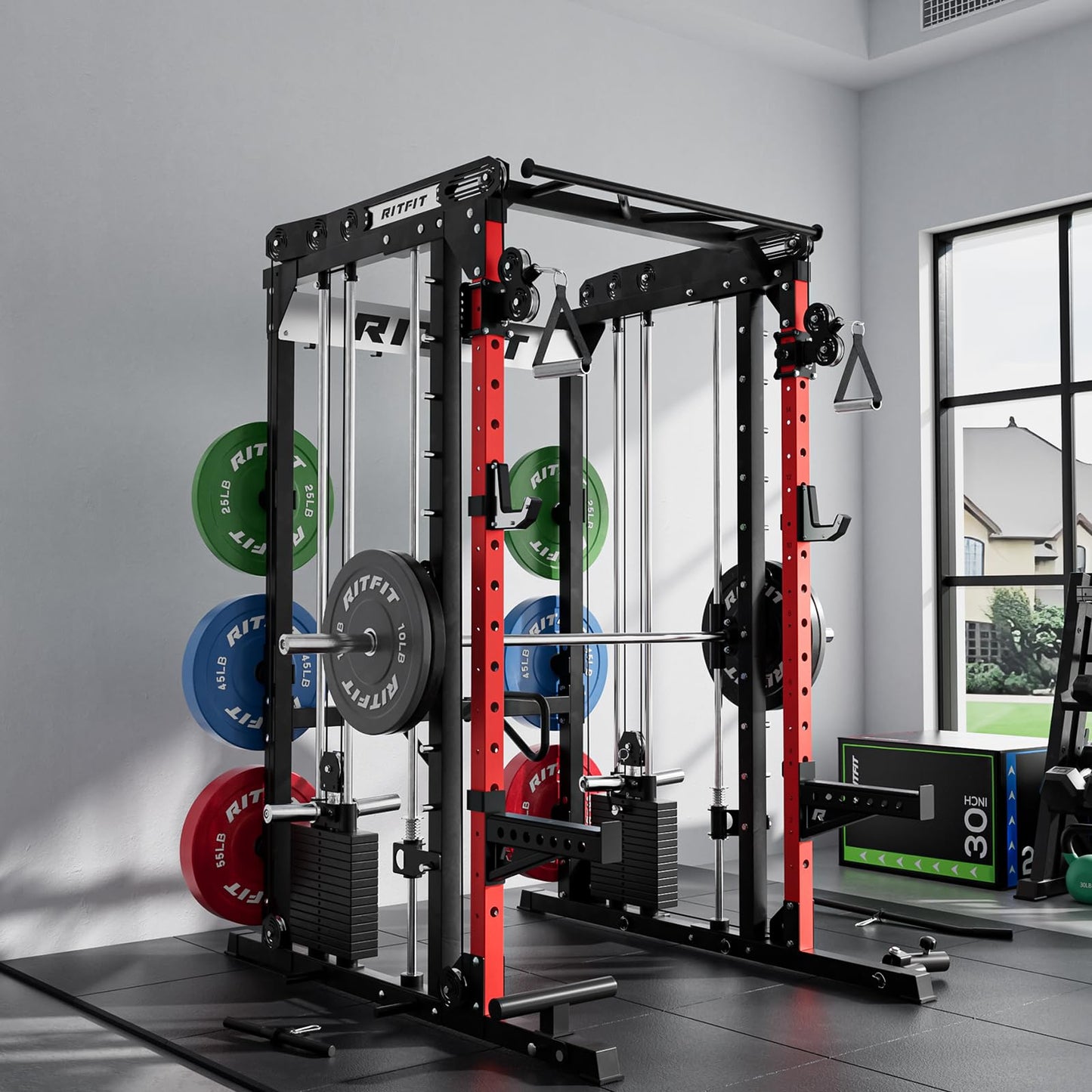 RitFit M2 Smith Machine with with Cable Crossover System, 3D Functional Trainer & Power Cage, 16 Adjustment Holes, 6 Storage Pegs for Full-Body Home Gym(M2 Pro Red)
