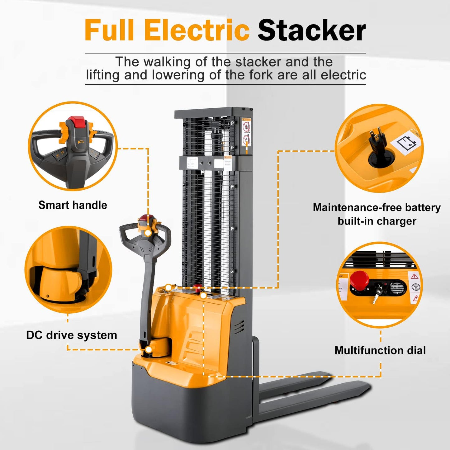 Tory Carrier Full Electric Walkie Pallet Stacker with Fixed Legs Material Lifting Tools 2640lbs Capacity Max Lift 98” Height