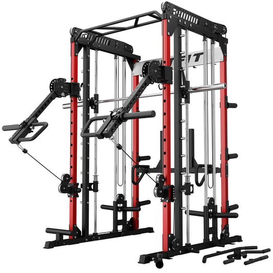 RitFit M1 Pro Smith Machine with LAM1 Adjustable Lever Arm Attachment, All-in-One Power Cage, Power Rack with LAT Pulldown & Cable Crossover System for Home Gym(Red)
