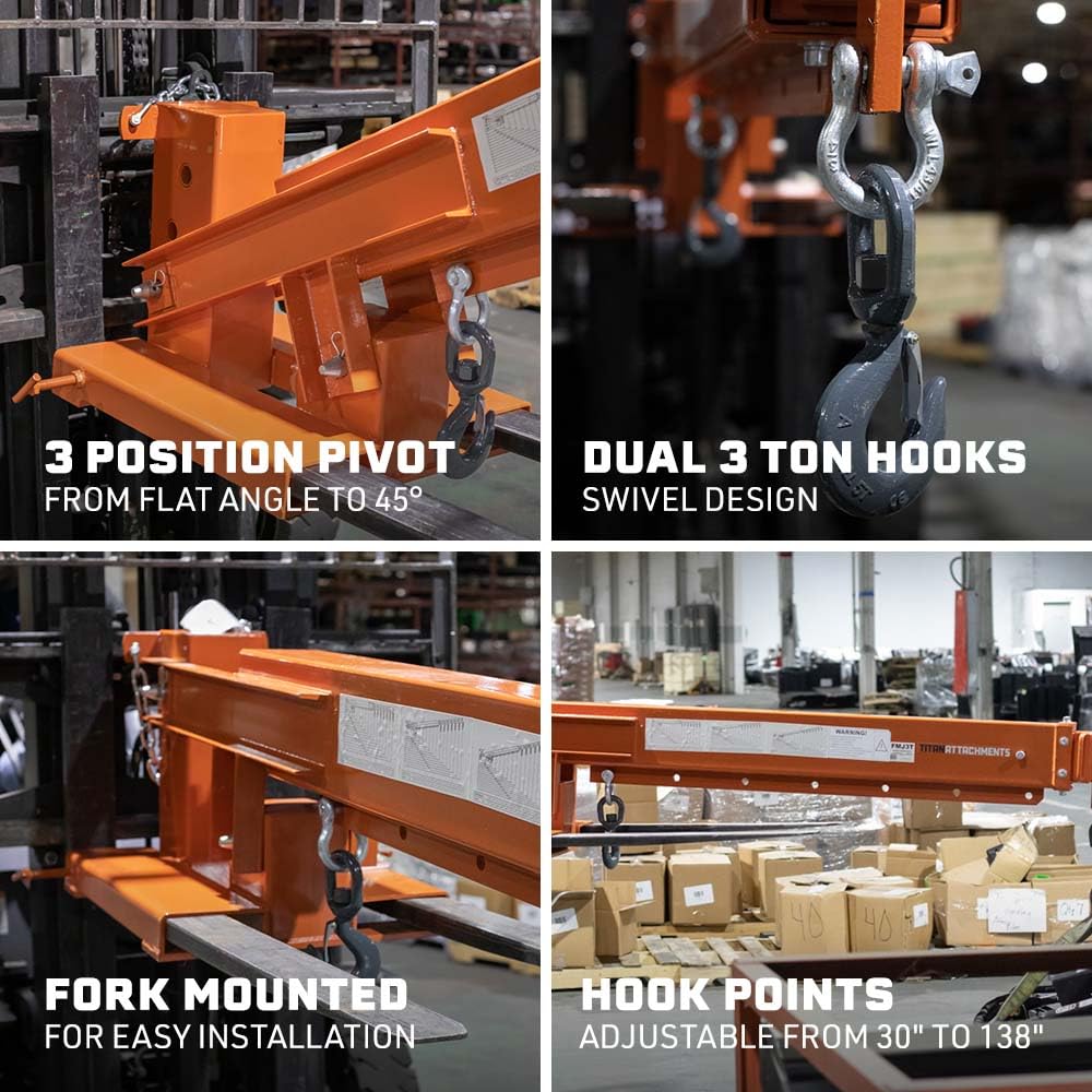 Titan Attachments Fork Mounted Jib Boom Crane Attachment, Manual Telescoping Boom Extends Up to 138”, Pivots Up to 45 Degrees, 6,000 LB Lift Capacity, Two Swivel Hooks, Adjustable Hook Points