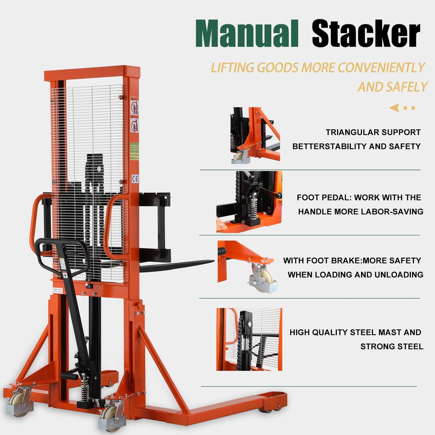 Tory Carrier Manual Pallet Stacker, Material Lift - 2200 lbs Capacity, 63" Lifting Height Pallet Lift Truck with Straddle Legs and Adjustable Forks