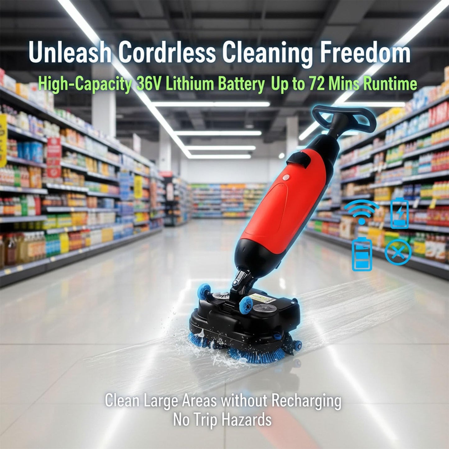 Efficieran Commercial Floor Washer And Buffer, Walk Behind Electric Floor Scrubber Machine For Concrete, Vinyl And Luxury Wood, 360° Rotating Head Portable Cleaner, Cordless