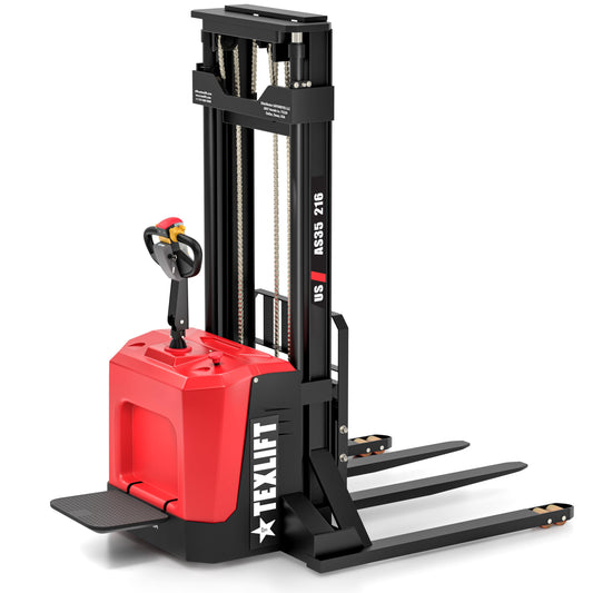 TEXLIFT Full Electric Pallet Stacker with Stand – 3300 lbs Capacity, 216″ Lift Height, Adjustable Forks, Fixed Straddle Legs, Walkie Electric Forklift for Warehouse Material Handling - (US-AS35-216)