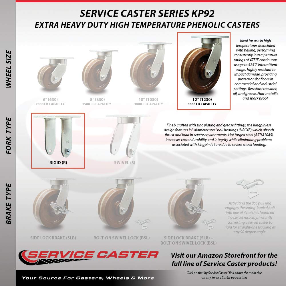 Extra Heavy Duty Kingpinless 12” x 3” High Temp Phenolic Swivel Caster Set for Cranes, Gantries, Hoists, and Winches-2 Swivel and 2 Rigid Casters-3,500 lbs Per Caster – Set of 4 - Service Caster Brand