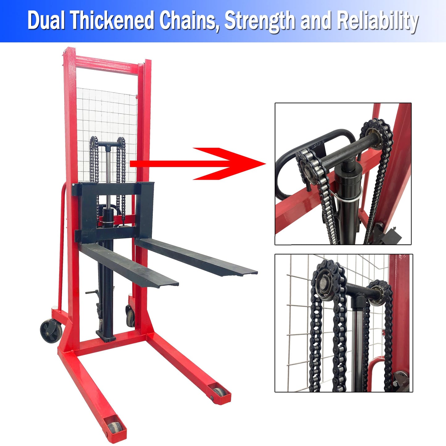EQCOTWEA Manual Hydraulic Pallet Truck 4400 LBS(2 Ton) Manual Hydraulic Stacker 63" Lift Height Adjustable Forks Hand Pallet Truck for Single Sided Pallets to Lifting, Hoisting and Material Handling
