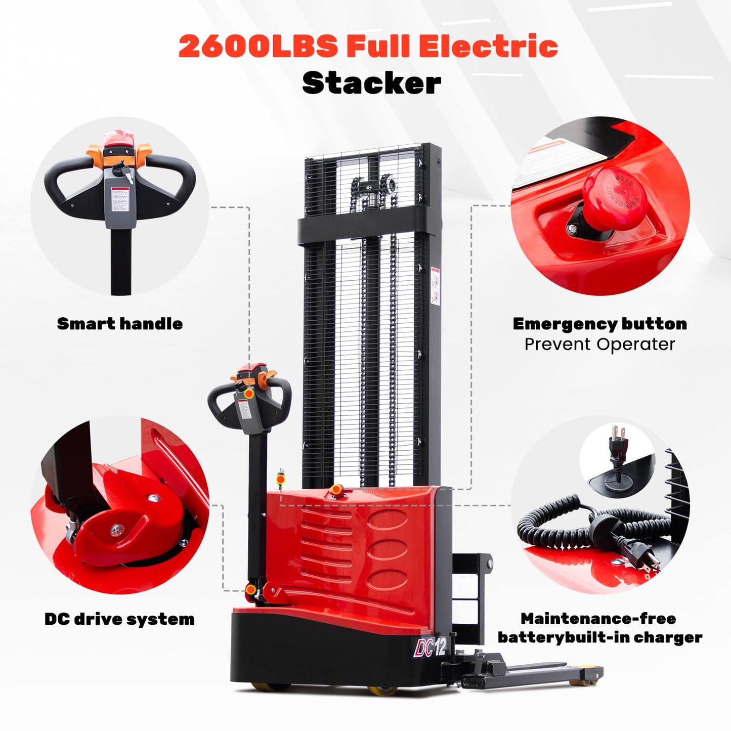 DMC-FPPS 2640lbs Full Electric Pallet Stacker, 118" Lifting Height Wakie Stacker Straddle Legs Material Lift with Adjustable Forks, Suit for Warehouses, Factories, Docks, Workshops, Garages
