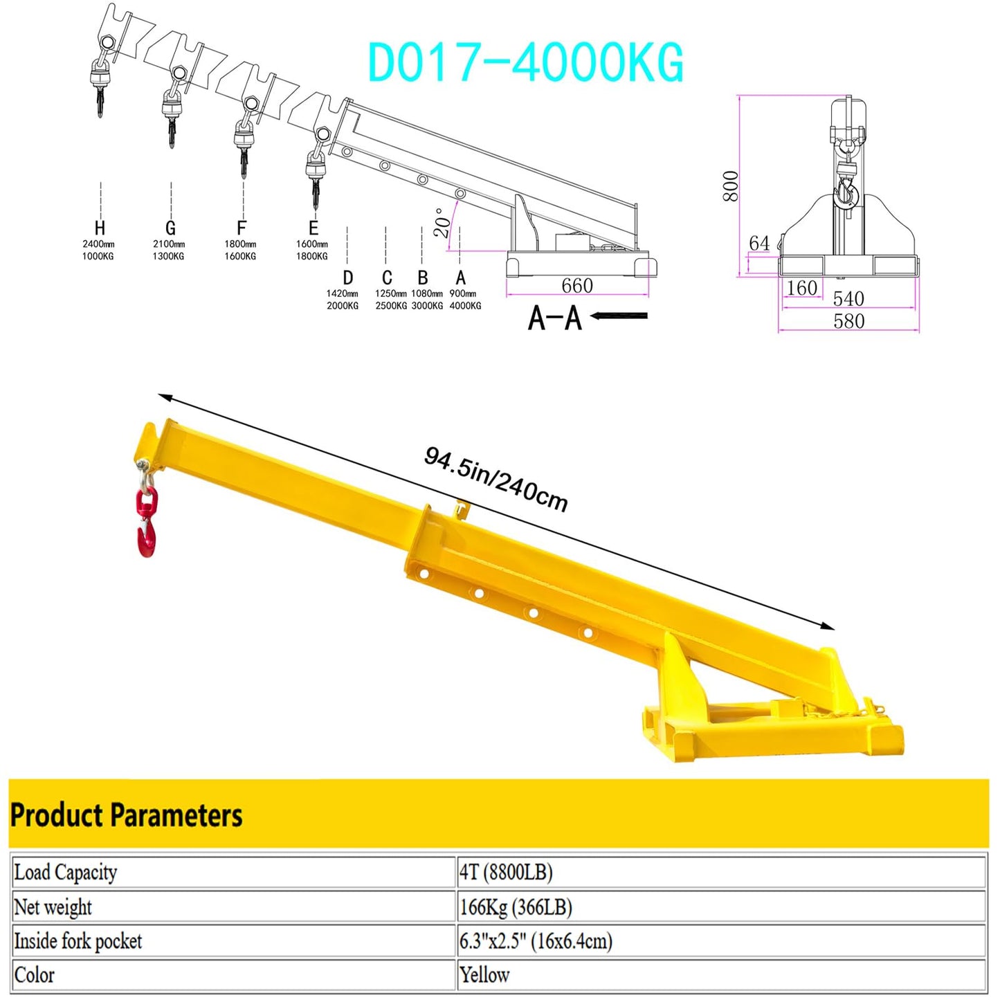 WYDDDARY Adjustable Mobile Crane Lifting Hoist Truss Jib Boom 8818.49LbS Capacity Forklift Telescopic Boom for Forklift Towing Handling(Angle Fixation)