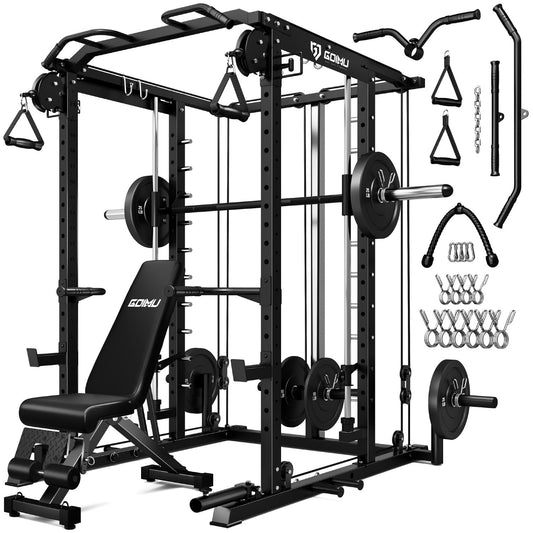 Goimu S1-V4 Smith Machine, 2000LBS Power Cage with Cable Crossover System, All-in-One Squat Rack with Smith Bar, Strength Training Equipment for Hone Gym (Red Smith Machine wiht 220lb Weights)