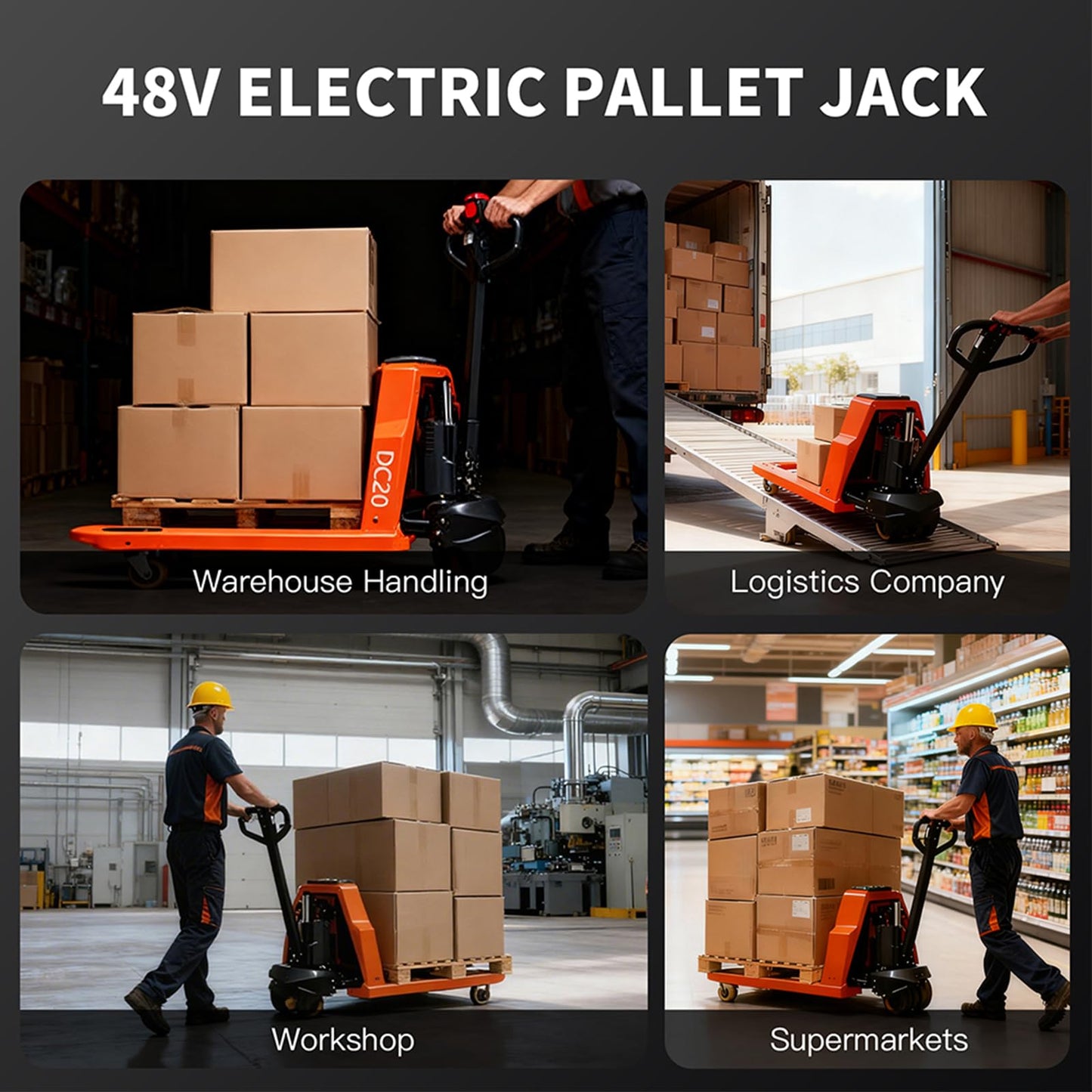 Full Electric Pallet Jack, 4400lbs Capacity Electric Pallet Trucks, 48V 20AH Lithium Battery Powered, 48" x 27" Fork Size, 6 Hours Working Time, 3.35 to 7.68 Inch Lift Height, for Material Handling