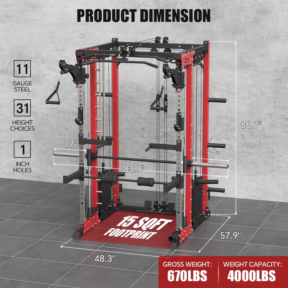 FAGUS H Commercial Smithe Machine with Preacher Curl Weight Bench Combo,4000LBS Power Cage Squat Rack with 308lb Dual Weight Stacks, Multi-Functional Cable Crossover Machine with Lever Arm, Red